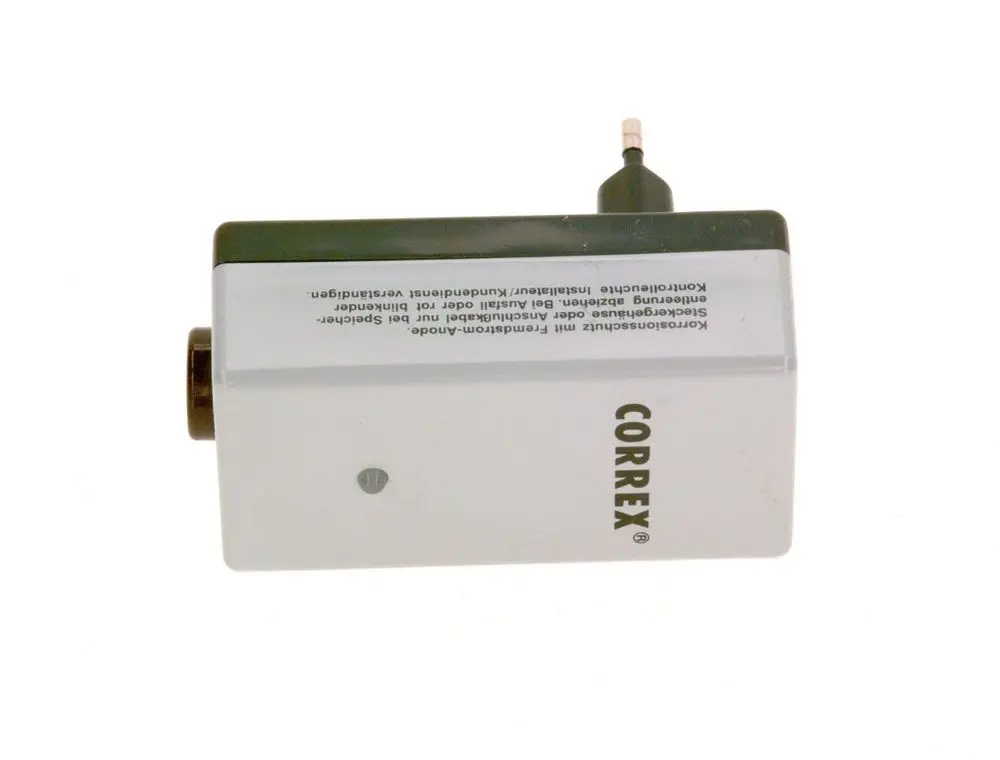 Ein kompakter Steckerpotentiostat von Bosch mit einem Anschlussstecker und einem Rändelrad zur Einstellung, abgebildet auf einem weißen Hintergrund.